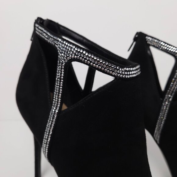 Aldo Tilasa Black Suede Peep Toe Ankle Boot Heels Silver Rhinestones - 7.5 - Picture 8 of 10